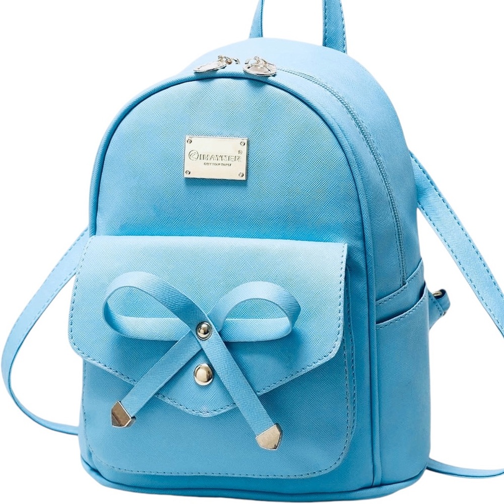 Sky Blue Leather Mini Backpack with Bow